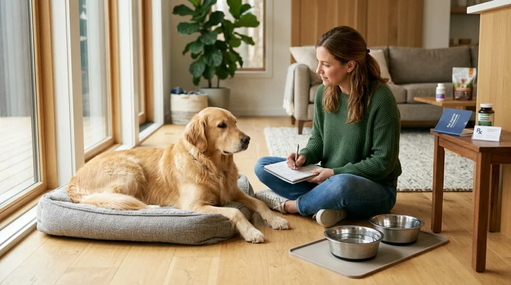 Golden Retriever being monitored by its owner during a digestive upset.