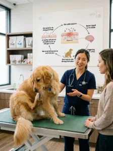 Veterinarian explaining the itch-scratch cycle caused by dog allergies.