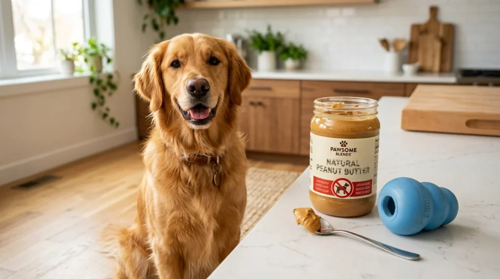 Golden Retriever beside peanut butter and a dog puzzle toy.