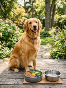 hy dog beside a raw food meal and potential benefits of raw feeding.