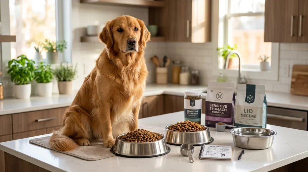 Golden Retriever eating a sensitive-stomach-friendly dog food diet.