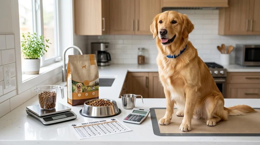 Golden Retriever beside a measuring cup and dog food for portion control.