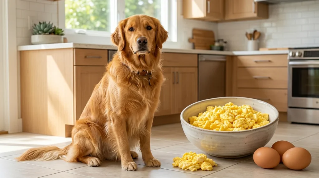 Golden Retriever beside plain cooked eggs prepared as a dog-safe treat.