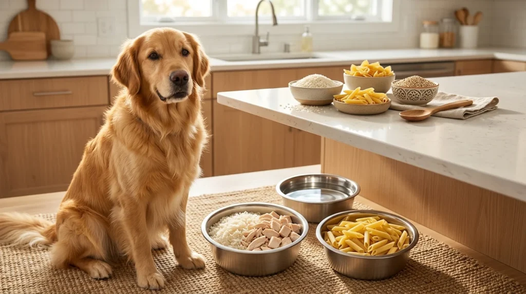 Golden Retriever beside plain cooked rice and pasta for dogs.