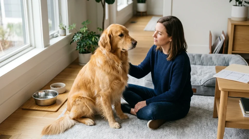 Golden Retriever being monitored by its owner after vomiting.