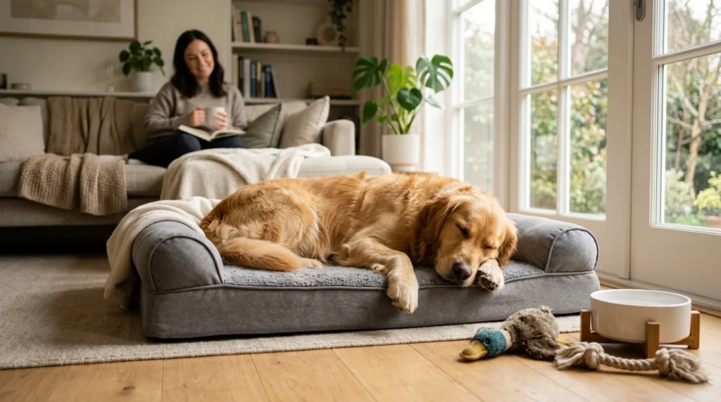 Golden Retriever sleeping peacefully on a comfortable dog bed.