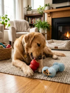 Peanut butter used inside a puzzle toy for dog enrichment.