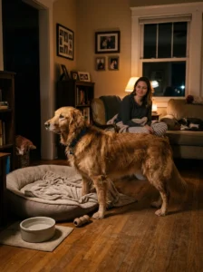 Dog showing nighttime restlessness and difficulty settling to sleep.