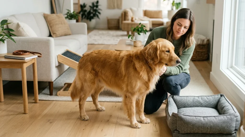 Golden Retriever being monitored for signs of hip dysplasia.