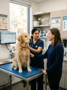 Dog receiving follow-up care after eating grapes.