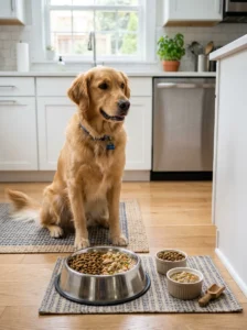 Dog food bowl containing a mix of wet and dry food.