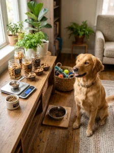 Adjusting treat portions after a dog reaches its target weight.