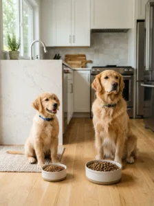 Puppy and adult dogs eating different life-stage foods.