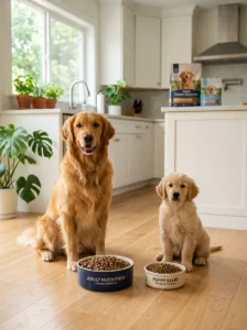 Gradual food transitions for puppies and adult dogs.