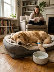 Dog resting after vaccination with normal mild tiredness.