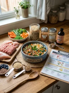 Balanced homemade dog food with essential nutrients.