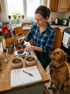 Pausing a dog food transition after digestive upset.