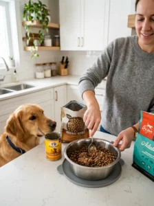 Gradually transitioning a dog from dry food to wet food.