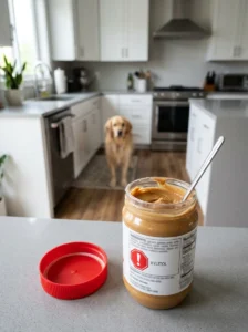 Checking peanut butter for dangerous xylitol before feeding a dog.