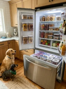 Organizing and labeling homemade dog treats for freshness.