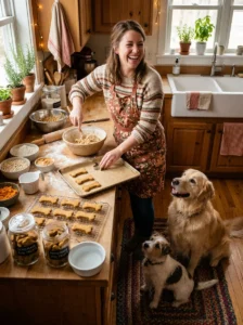 Dog owner making homemade treats to control ingredients.