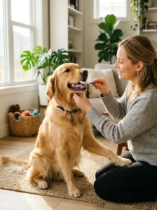 Owner brushing a Golden Retriever's teeth with dog-specific toothpaste.