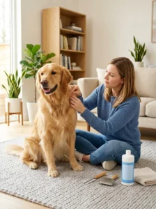 Owner checking a dog's fur for early signs of fleas.