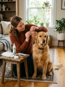 Owner checking a dog's ears for early signs of infection.