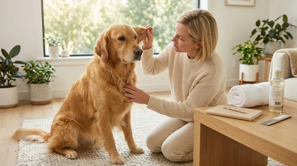 Golden Retriever being checked for signs of allergies.
