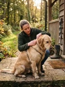 Checking a Golden Retriever for ticks after an outdoor walk.