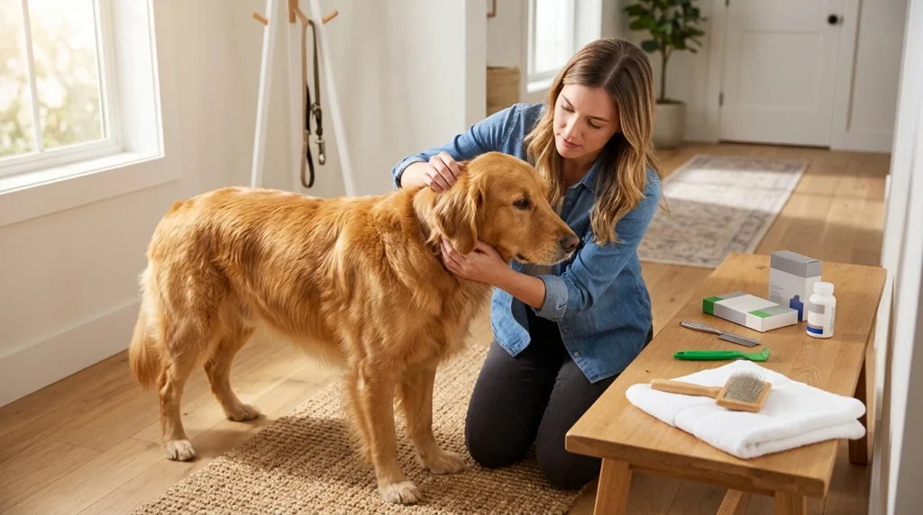 Golden Retriever being checked for fleas and ticks after a walk.