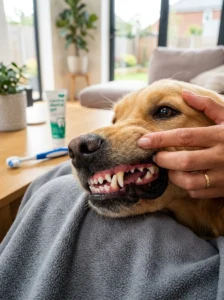 Golden Retriever having its teeth checked during a home dental care routine.