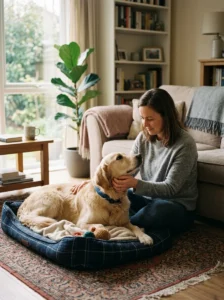Dog owner caring for a dog with a sensitive stomach.