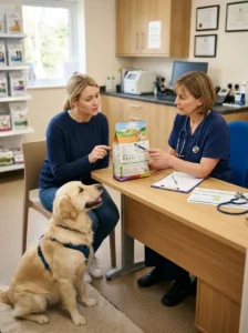 Discussing dog food label questions with a veterinarian.