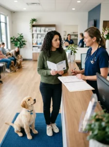 Veterinarian discussing a puppy vaccination schedule with an owner.