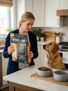 Examining the ingredient list on a dog food package.