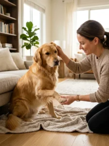 Common allergy symptoms in a dog including itching and paw licking.