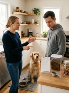 Caregivers following a consistent feeding plan for a sensitive dog.