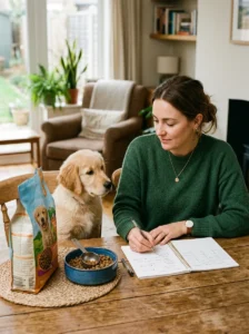 Puppy owner carefully planning the transition from puppy to adult food.