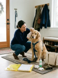 Dog owner taking a dog to the vet for persistent ear infection symptoms.