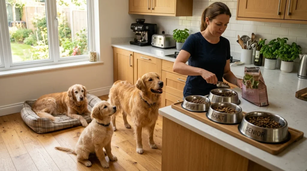 Puppy, adult, and senior dogs following different feeding schedules.