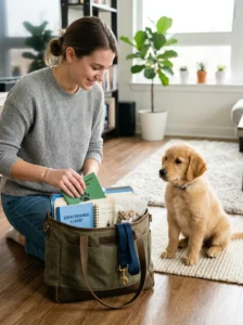 Puppy owner preparing records and supplies for the first vet visit.