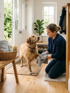 Cleaning a dog's paws and coat after outdoor exposure to allergens.