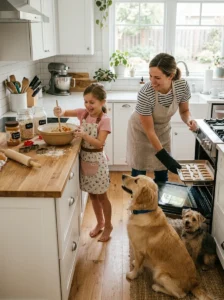 Child safely helping prepare homemade dog treats with supervision.