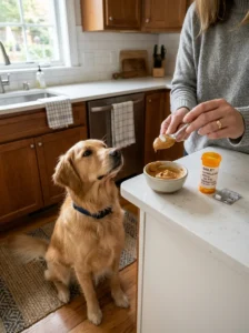Using a small amount of peanut butter to give a dog medication.