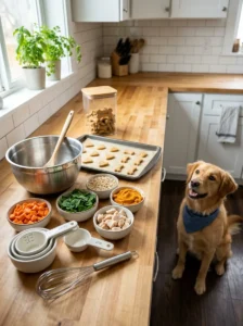 Homemade dog treats being prepared with simple ingredients