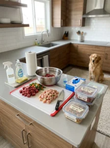 Safe raw dog food preparation area showing food safety considerations.