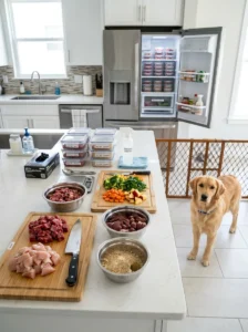 Food safety setup for handling raw dog food at home.