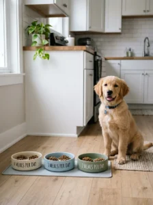 Gradually transitioning a puppy to fewer daily meals.