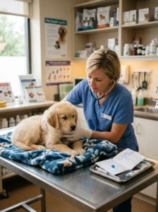 Veterinarian examining a puppy with vomiting symptoms.